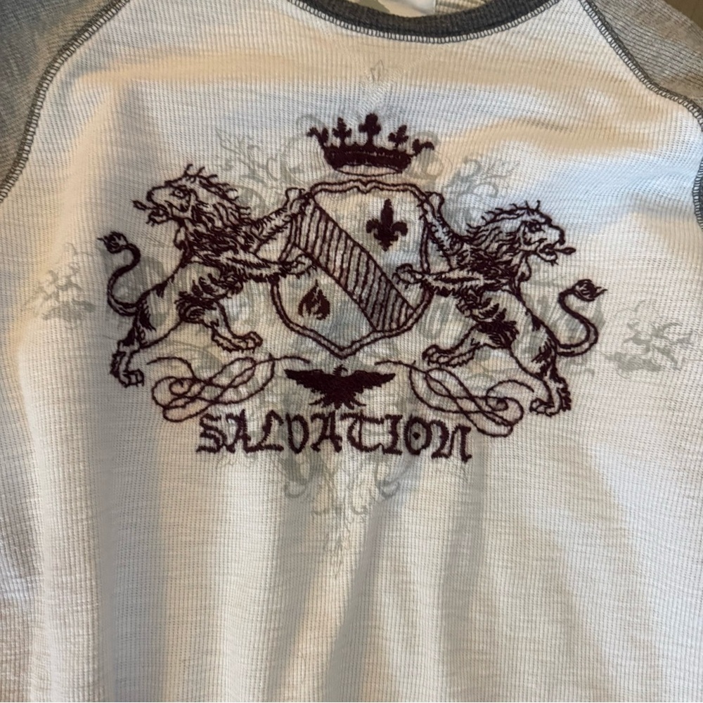Express Men’s Large Y2K Raglan Waffle Thermal Long Sleeve Shirt|Crest Graphic - Picture 3 of 5